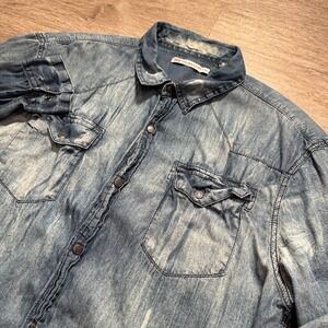 Projek Raw Shirt Mens XXL Blue Denim Western Pearl Snap Rodeo 100% Cotton Adult